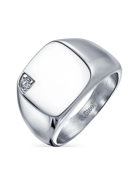 Mens Men's Square Monogram Style Signet Ring Statement Stainless Steel CZ Accent