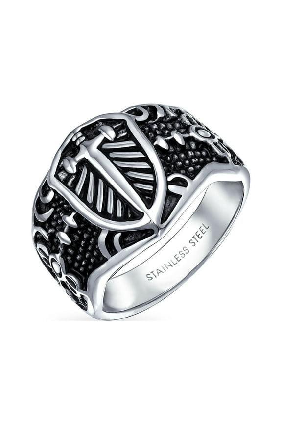Mens Mens Stainless Steel Viking Shield Cross Signet Ring Oxidized Silver Tone