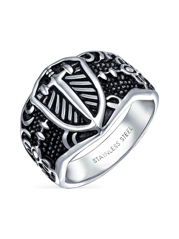 Mens Men's Fleur De Lis Cross Signet Ring Oxidized Silver Tone Stainless Steel