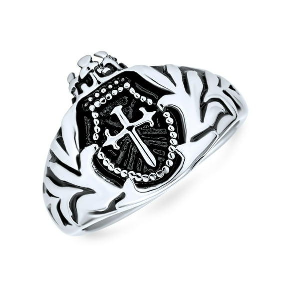 Bling Jewelry Mens Mens Statement Crown Knight Arms Shield Signet Cross Ring Black Stainless Steel