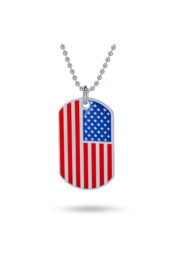 Mens Patriotic Flag Star Dog Tag Pendant Necklace for Men in Red White Blue Stripes