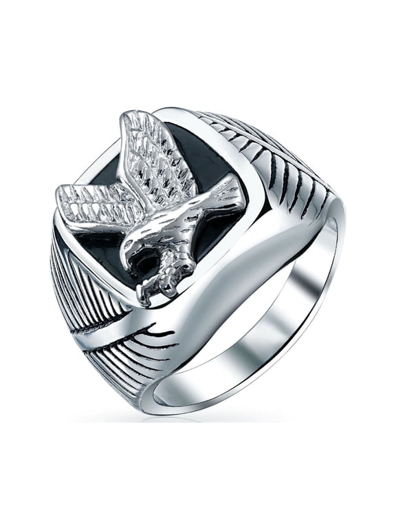 Mens Patriotic USA Bald Eagle Signet Ring Silver Tone Stainless Steel
