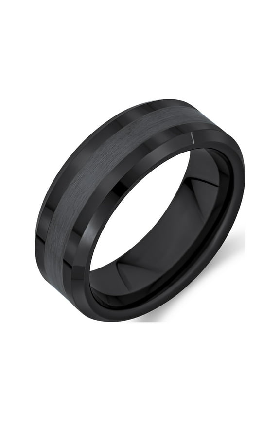 Mens Plain Simple Beveled Edge Couples Black Titanium Wedding Band Ring Comfort Fit 8MM