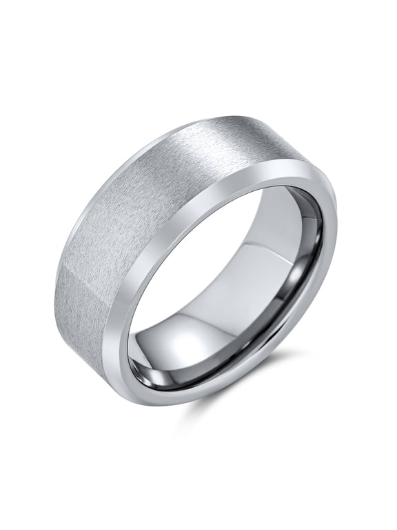 Mens Beveled Edge Matte Silver Tone Wedding Band Ring Titanium Comfort Fit 8MM
