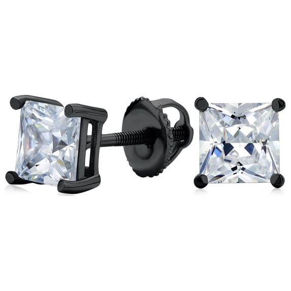 Bling Jewelry Mens Clear Square Princess Cut Cubic Zirconia Solitaire Stud Earrings CZ Secure Screw Back Black Gold Plated .925 Sterling Silver