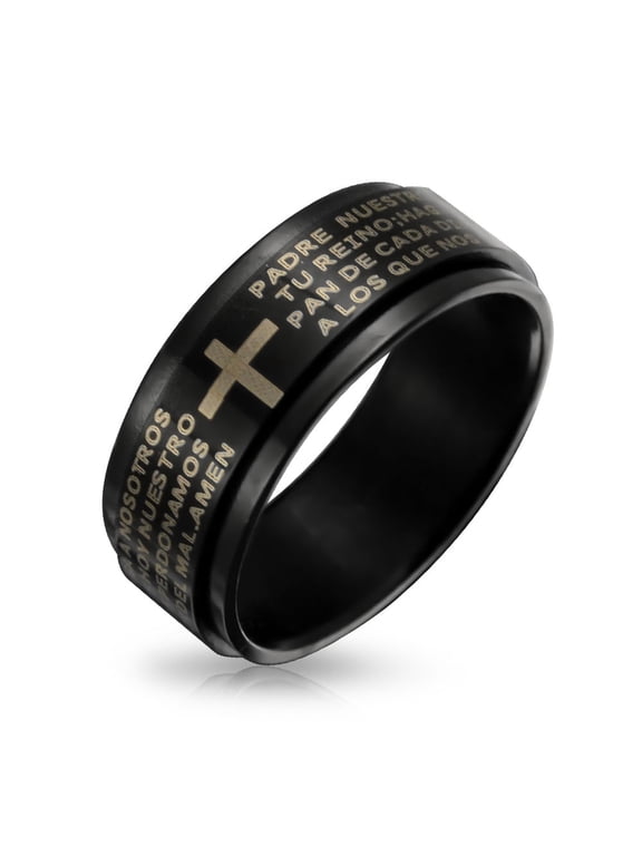 Mens Religious Cross Words Lords Prayer Band Ring Black Plated Stainless Steel