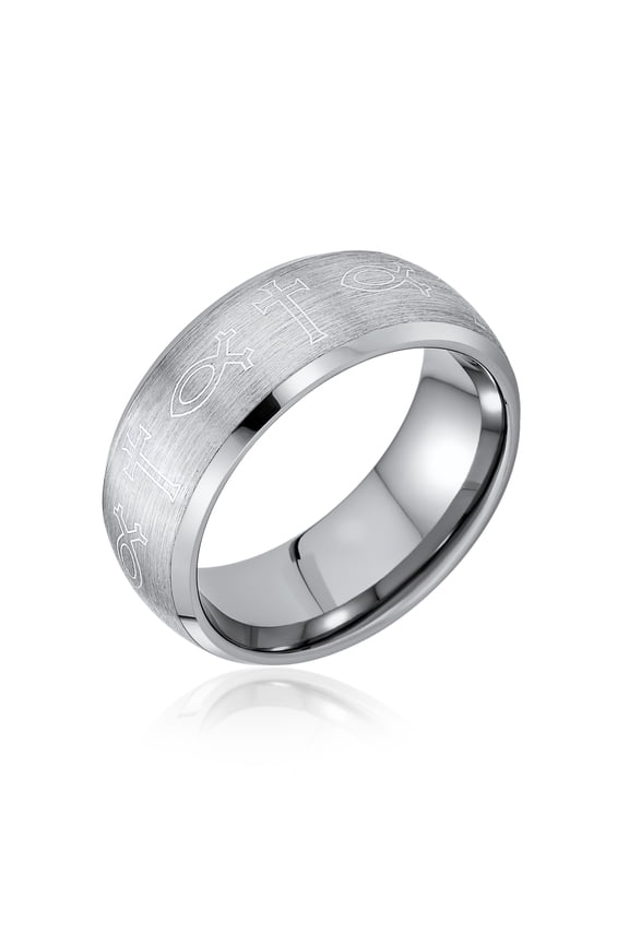 Mens Religious Ichthys Jesus Fish Titanium Wedding Band Cross Ring Matte Silver