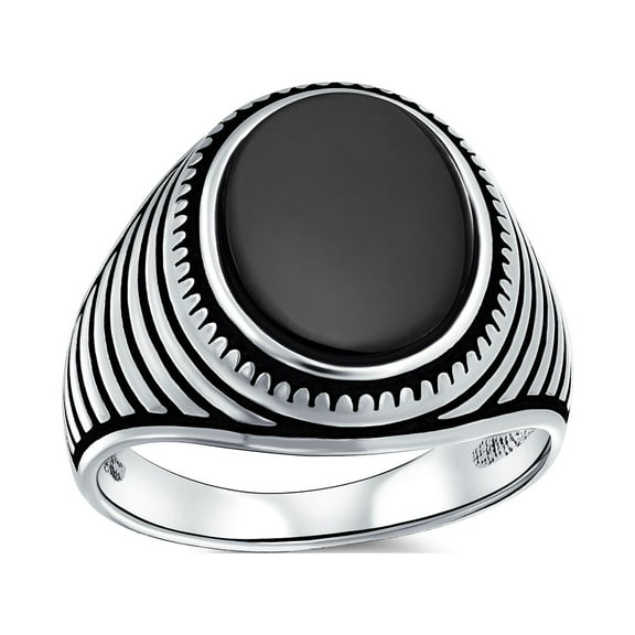 Bling Jewelry Mens Retro Grooved Mens Silver Ring with Black Onyx Square Signet Sterling Silver Band