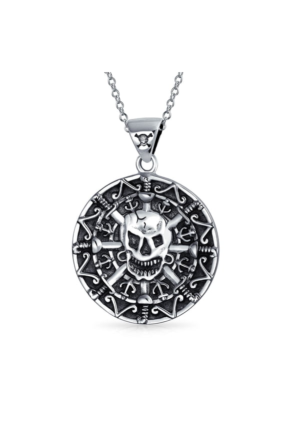 Mens Round Coin Aztec Skull Pendant Necklace for Men in Oxidized Sterling Silver