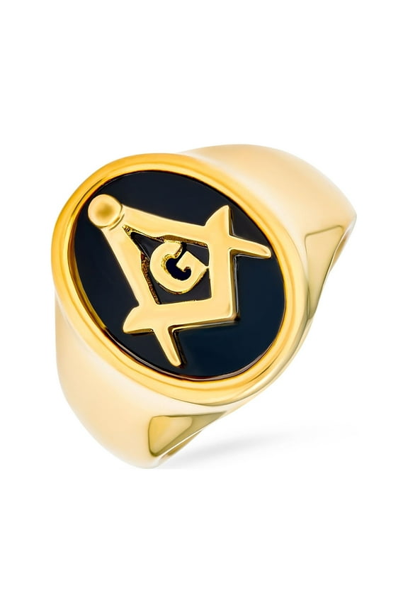 Mens Secret Society Mens Stainless Steel Black Oval Masonic Signet Ring Silver Tone