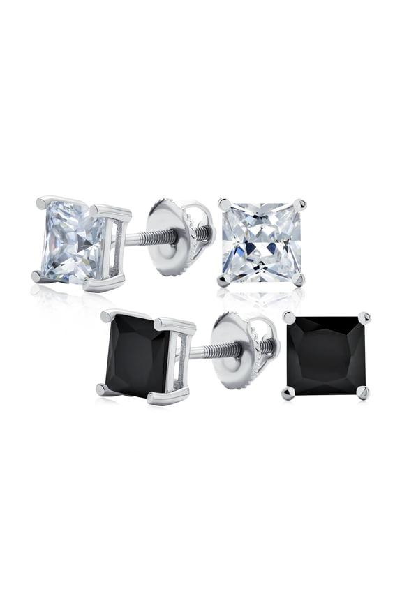 Mens Set of 2 Black Clear Square 0.5CT CZ Stud Earrings Sterling Silver ScrewBack 5MM