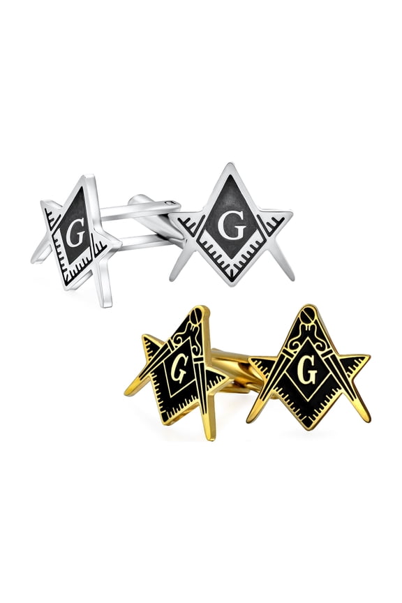 Mens Set of 2 Freemasons Compass Symbol Shirt Cufflink Black Enamel Gold Plated