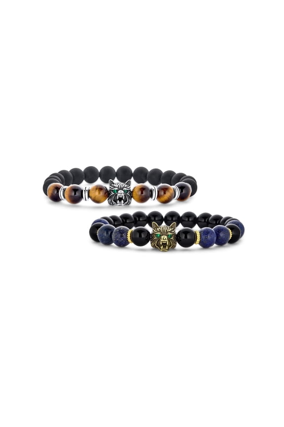 Mens Set of 2 Wolf Face Onyx Lapis and Tiger Eye Bead Stretch Bracelet Gold Plated