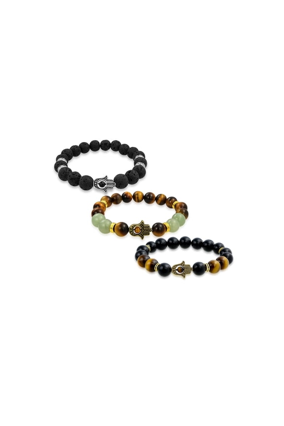 Mens Set of 3 Talisman Amulet Stretch Bracelet Set with Gemstones & Hamsa Hand Charm