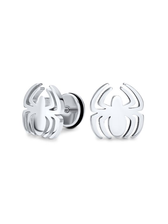 Mens Black Widow Spider Stud Earrings Illusion Plug Silver Tone Stainless Steel