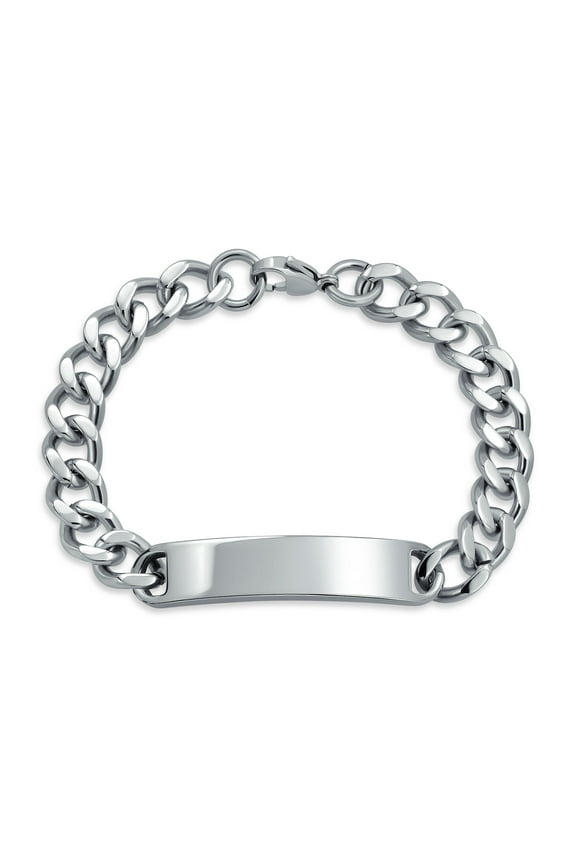 Mens Silver Tone Cuban Link Chain ID Bracelet for Men Stainless Steel Various Sizes