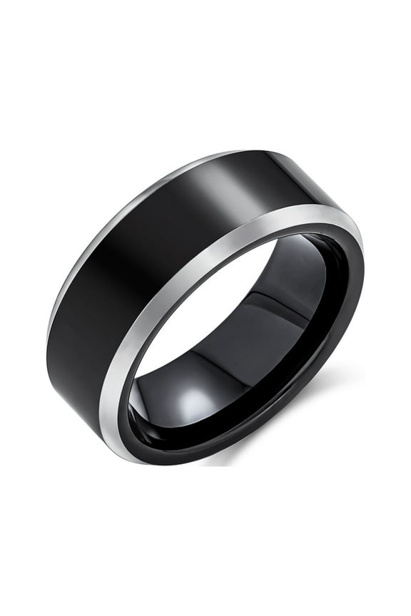 Mens Simple Black Titanium Wedding Band Ring Silver Two-Tone Beveled Edge Comfort Fit