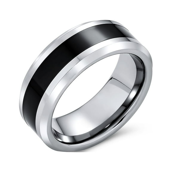 Bling Jewelry Mens Simple Two Tone Black Center Titanium Band Ring Silver Tone Beveled Edge 8MM