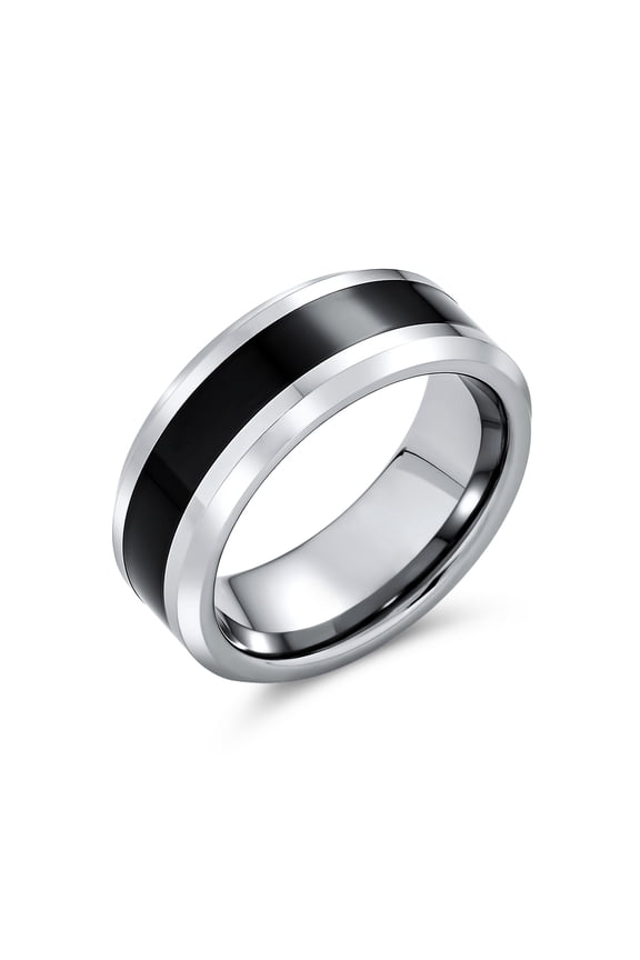 Mens Simple Two Tone Black Center Titanium Band Ring Silver Tone Beveled Edge 8MM