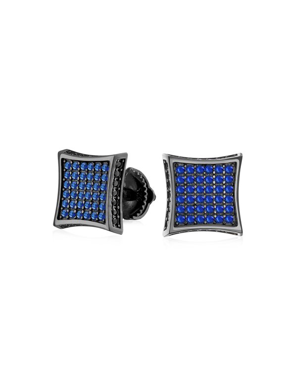 Mens Square Black CZ Kite Shape Stud Earrings 925 Sterling Silver Screwback 9MM