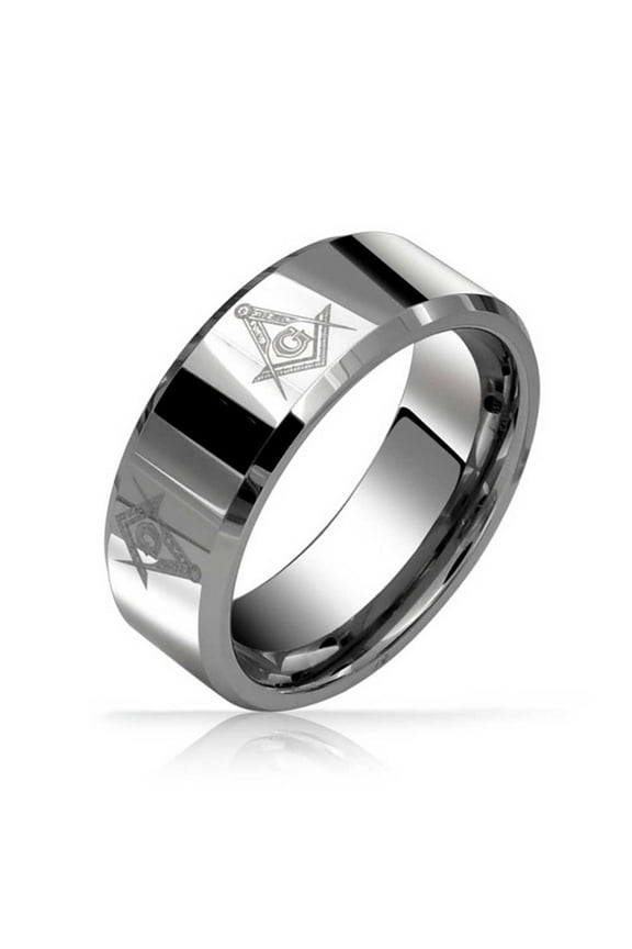 Mens Square Compass Freemason Masonic Titanium Band Ring Silver Tone Comfort Fit 8MM