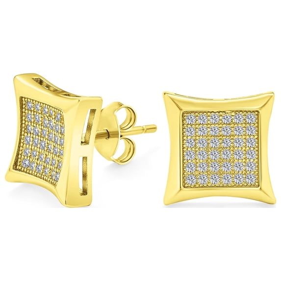 Bling Jewelry Mens Square Shaped Cubic Zirconia Micro Pave CZ Kite Stud Earrings Gold Plated Sterling Silver