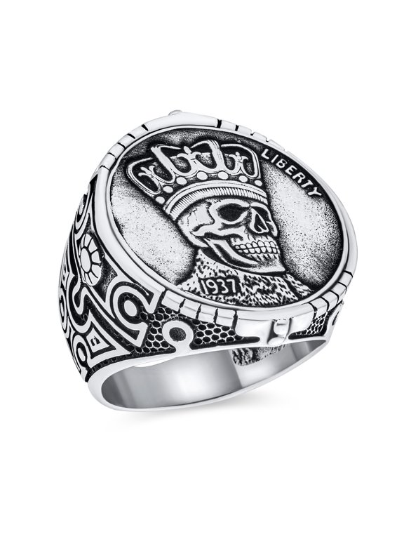 Mens Goth Biker Jewelry Crown Skull Coin Signet Statement Ring Sterling Silver