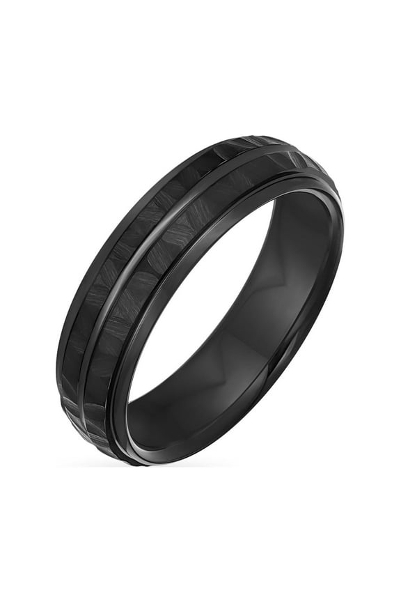 Mens Stripe Grooved Titanium Wedding Band Ring - Black Matte Hammered Comfort Fit