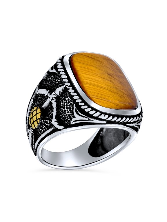 Mens Tiger Eye Archer Bow Arrow Signet Statement Ring Oxidized Sterling Silver