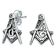 BLING JEWELRY Mens Tiny Square & Compass Masonic Freemason Stud Earrings for Men in Oxidized Silver