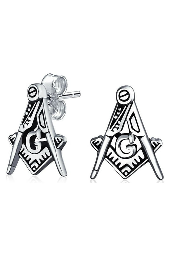Mens Tiny Square & Compass Masonic Freemason Stud Earrings for Men in Oxidized Silver