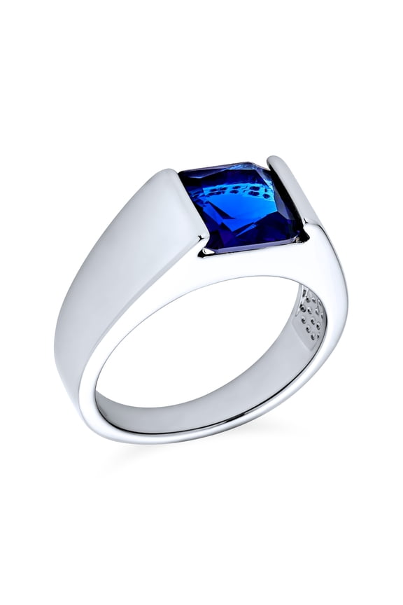 Mens Traditional 3CT Blue Clear Cubic Zirconia CZ Square Solitaire Ring Pinky Ring Silver Plated
