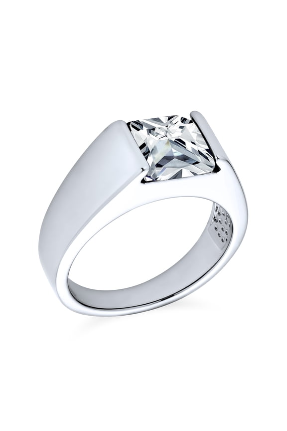 Mens Traditional 3CT Blue Clear Cubic Zirconia CZ Square Solitaire Ring Pinky Ring Silver Plated