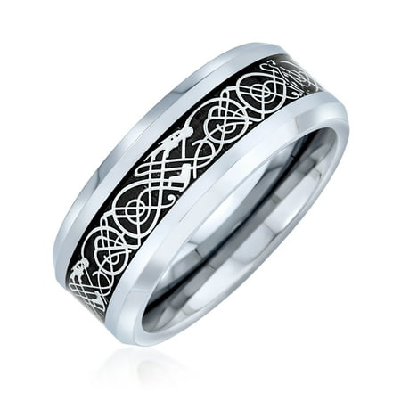 Bling Jewelry Mens Two-Tone Celtic Dragon Knot Carbon Fiber Inlay Wedding Band Ring 8MM Titanium