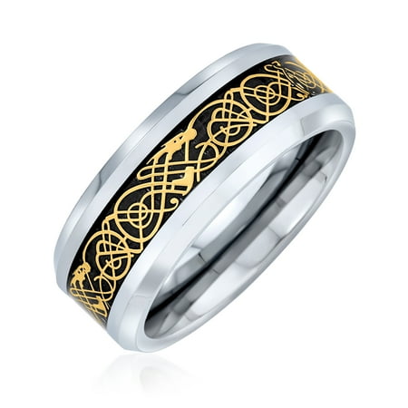 Bling Jewelry Mens Two-Tone Celtic Dragon Knot Carbon Fiber Inlay Wedding Band Ring 8MM Titanium