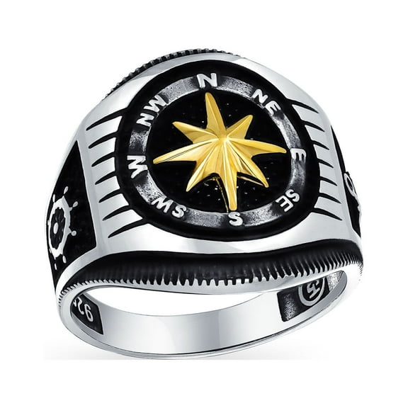 Bling Jewelry Mens Two Tone Mens Silver Ring Nautical Boat Wheel Viking Compass Signet Black Gold