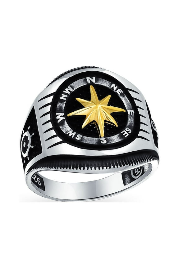 Mens Two Tone Mens Silver Ring Nautical Boat Wheel Viking Compass Signet Black Gold
