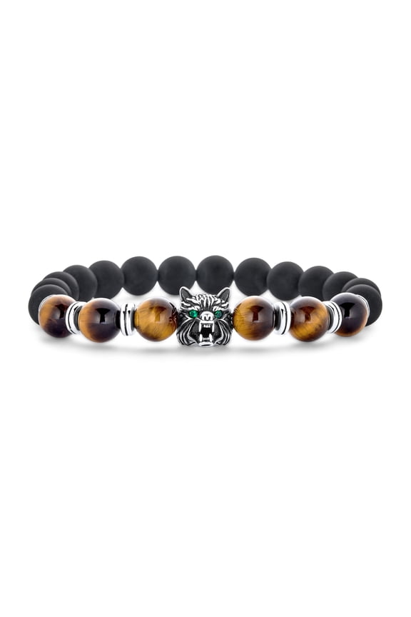 Mens Unisex Jungle Animal Stretch Bracelet with Onyx & Tiger Eye Beads Gold Plated