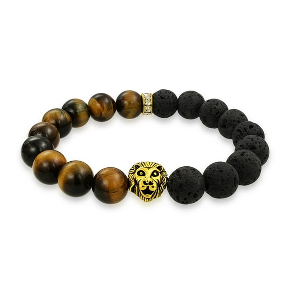 Bling Jewelry Mens Unisex Jungle Animal Stretch Bracelet Tiger Eye & Lava Rock Beads Gold or Onyx