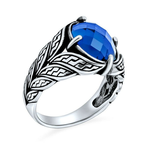 Bling Jewelry Mens Unisex Mens Stainless Steel Vintage Oval Blue Sapphire CZ Ring Oxidized Silver