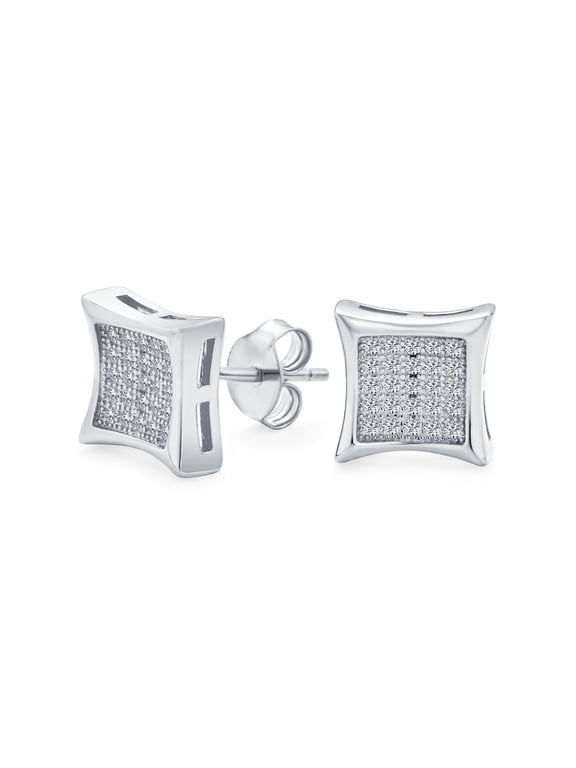 Mens .925 Sterling Silver Micro Pave CZ Square Kite Stud Earrings 5MM