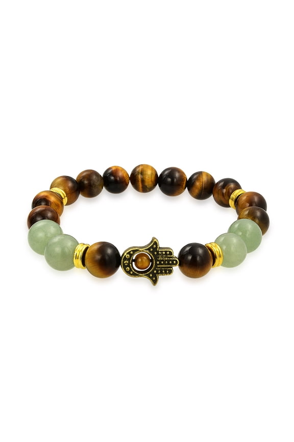 Mens Brown Tiger Eye Jade Hamsa Hand Gemstone Bead Stackable Stretch Bracelet Gold Plated