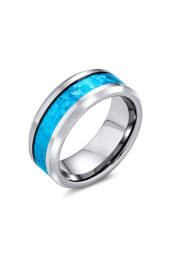 Mens Unisex Titanium Wedding Band Ring with Simulated Blue Opal Inlay for Couples