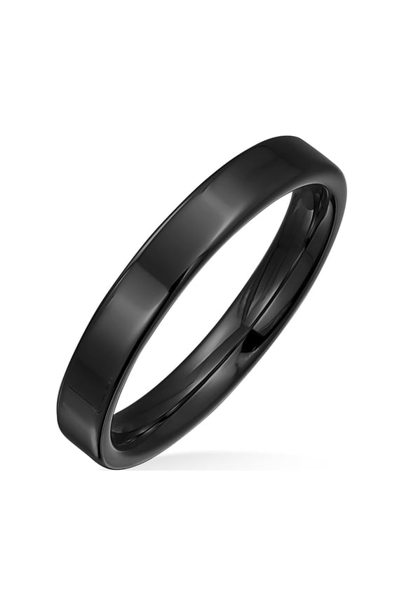 Mens Plain Thin Flat Band Rings Polished Black IP Plated Titanium Comfort Fit 3MM
