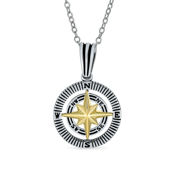Bling Jewelry Mens Unisex Viking Compass Pendant Necklace Two-Tone Sterling Silver with Chain