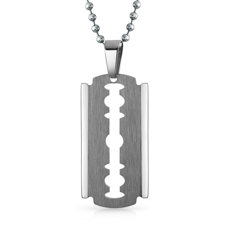 Bling Jewelry Razor Blade Silver Tone Beveled Edge Dog Tag Pendant Stainless Steel Necklace for Men 20 Inches