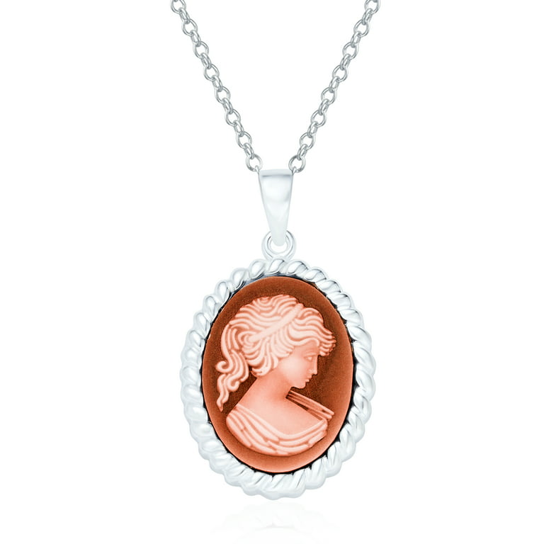 Bling Jewelry Red Carved Victorian Lady Cameo Oval Pendant Sterling Silver  Necklace