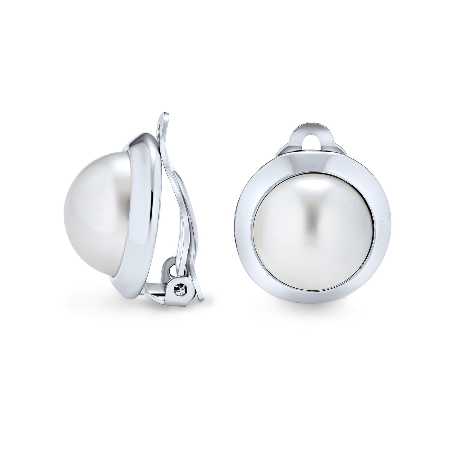 Bling Jewelry Womens Simple Button Style Round Dome Bezel Pearl Clip On Earrings Silver Plated Brass Walmart