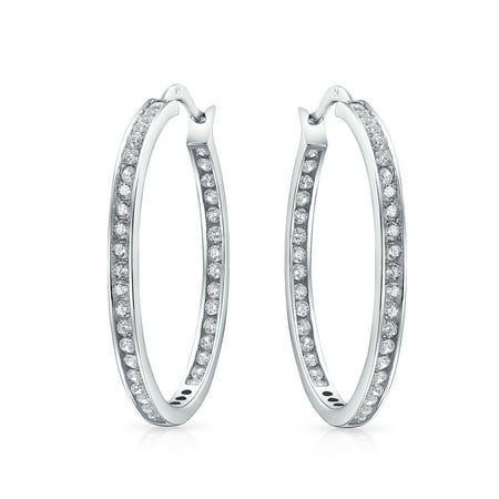 Bling Jewelry Solitaire Channel Set In Side Out CZ Hoop Earrings Sterling Silver