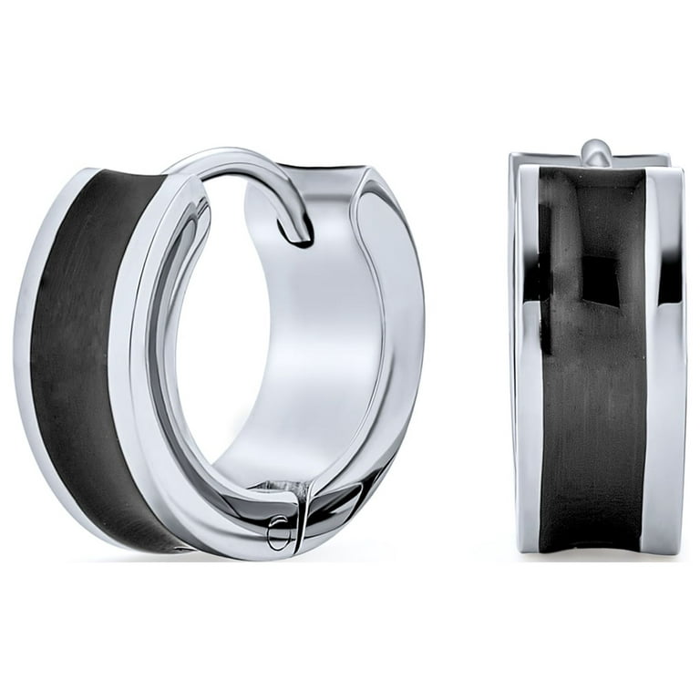 Bling Jewelry Striped Black Small Hoop Earrings Silver Two Tone Stainless  Steel